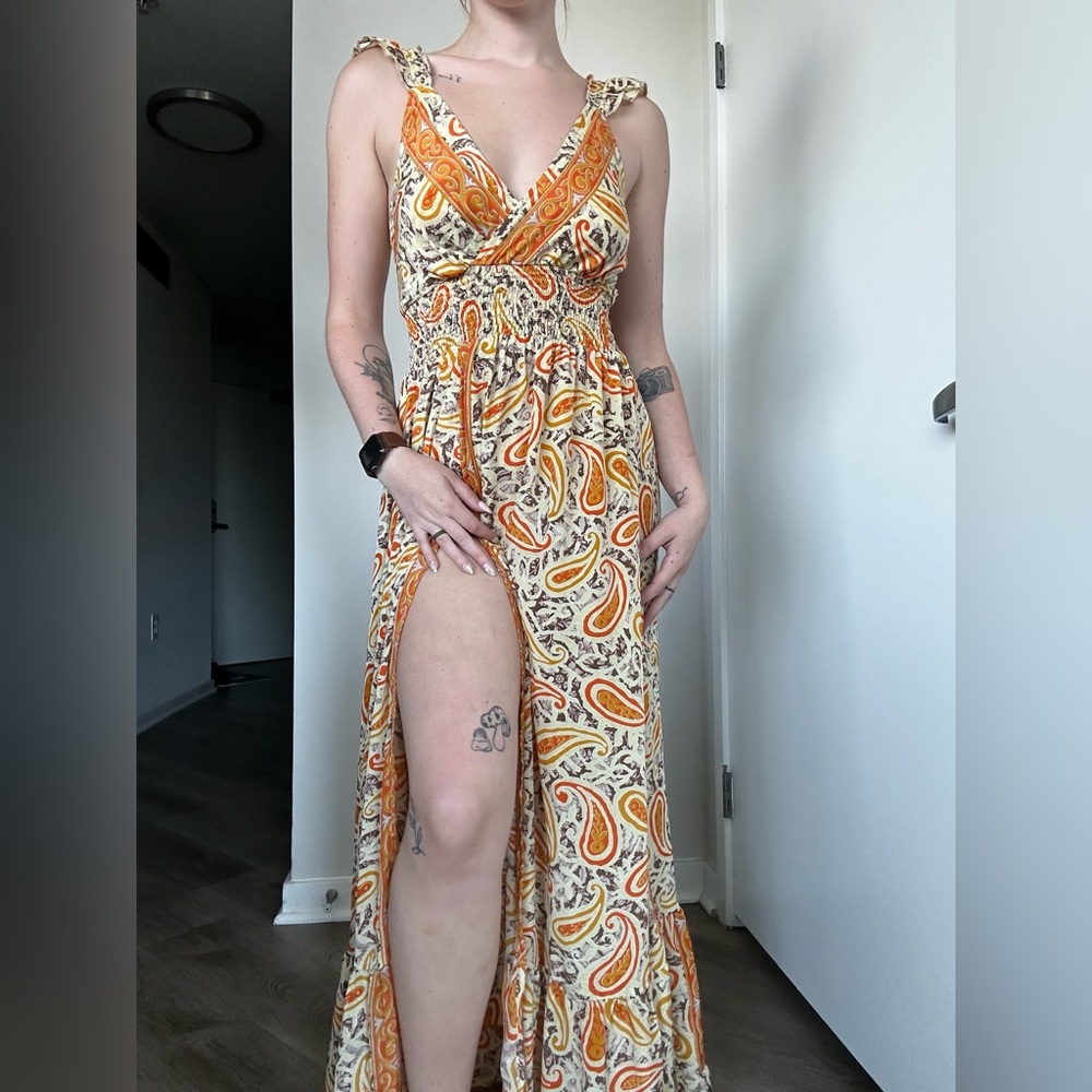 Paisley Print Maxi Dress in Orange and Cream
